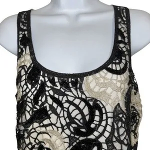 EXPRESS Black and Ecru Crochet Sequin Adorned Scalloped Hem‎ Top EUC Size Small thumbnail 3