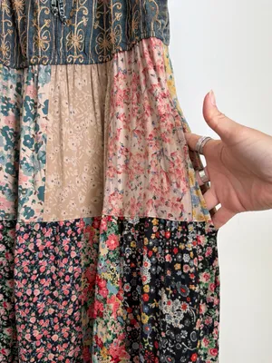 Young Threads Embroidered Denim Halter Patchwork Midi Dress Latte L NWT thumbnail 7