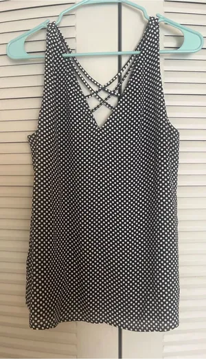 Express Black and White Polka Dot V-Neck tank with Strappy Back thumbnail 1