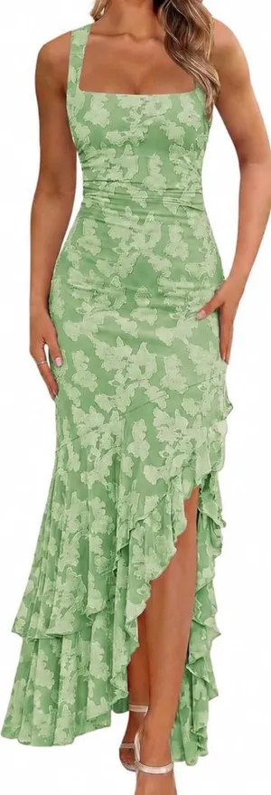 Sage Green Textured Floral Ruched Ruffle Asymmetrical Maxi Dress Size Small thumbnail 1