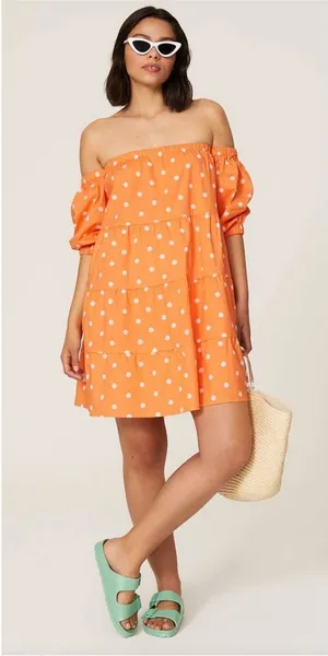 Color Me Courtney Quinn Polka Dot Off Shoulder Tiered Mini Dress Orange XS thumbnail 1