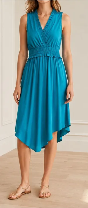 Maeve La Habana Dress Small Turquoise Ruffle V Neck Midi Curve Hem Anthropologie thumbnail 1