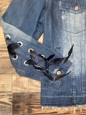 Denim Jacket with Ribbon Lace-Up Sleeves - Blue thumbnail 3