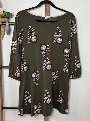 Boden Olive Green Floral Print Three Quarter Sleeve Tunic Dress‎ Size 10P thumbnail 1
