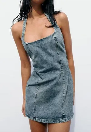 ZARA NWT TRF HALTER NECK DENIM DRESS. Size Small thumbnail 4
