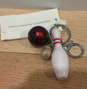 Keychain Charm Set with White Bowling Pin and Black-Red Ball thumbnail 1