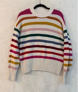 Gap Womens Large‎ Rainbow Stripe Crewneck Sweater Ivory Multi Color Cotton Blend thumbnail 1