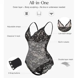 NWT Popilush Lace Shapewear Bodysuit Black V Neck Backless Thong Large thumbnail 2