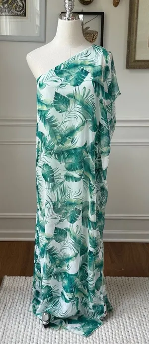 NWT Aura Women's Sleeveless Flutter Side Chiffon Maxi Dress Green Frond Print $1 thumbnail 1