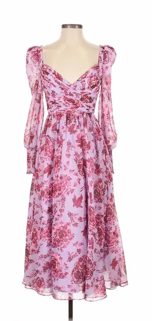 Badgley Mischka Floral‎ Chiffon Midi Dress Lavender Pink V-Neck Sz 2 Long Sleeve thumbnail 1