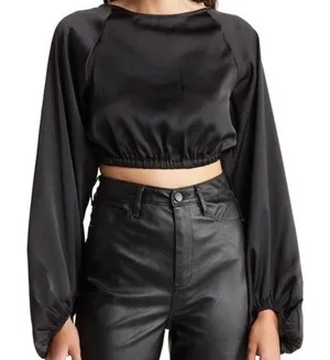 WE WORE WHAT Billow Sleeve Satin Crop Top Black Size‎ XL thumbnail 1