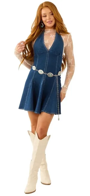 Blue Blush Halter Neck Pleated Denim Mini Dress Cowgirl Nashville Western Size S thumbnail 1