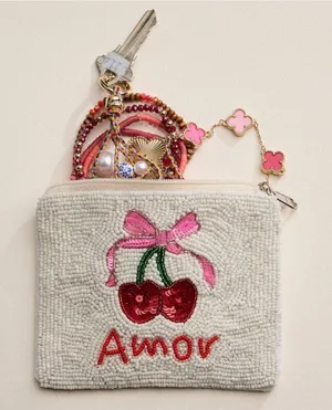 Beaded Amor Cherry Zipper Pouch White thumbnail 1