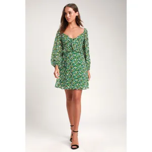 Lulus Forsythia Green Floral‎ Print Long Sleeve Tie-Front Women's Dress Large thumbnail 3
