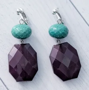 Vintage Clip On Earrings 1.25" Dark Purple & Turquoise Tone Large Chunky Dangle thumbnail 1