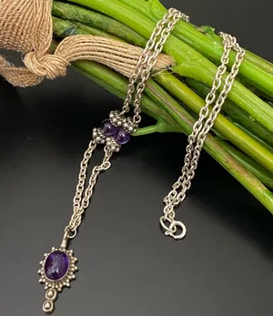 Vintage Handcrafted 925 Sterling Silver Amethyst Cabochon Pendant 18” Necklace thumbnail 1
