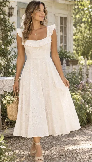 Zara eyelet off shoulder ivory midi cottage women’s dress smocked runs small* thumbnail 1