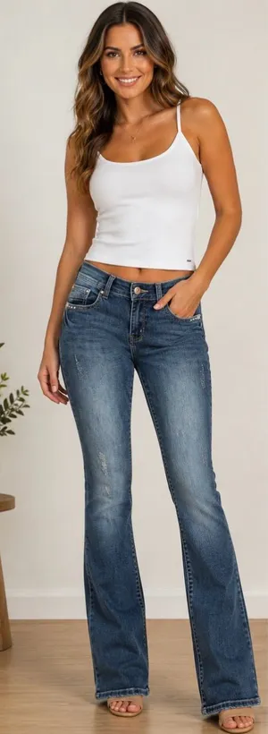 Mid-Rise Embellished Pocket Flare Jeans in Medium Blue thumbnail 1