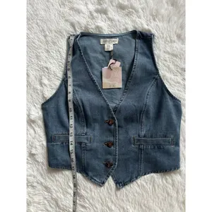 NWT Happily Grey Denim Vest Medium Wash Button Front Cropped Waistcoat Size M thumbnail 7