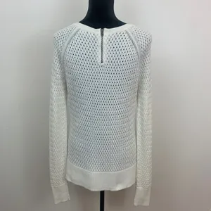 American Eagle Womens M‎ Cream Pointelle Open Knit Scoop Neck Back Zip Sweater thumbnail 2