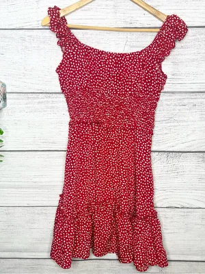Red & White Polka Dot Smocked Sleeveless Mini Dress with Ruffle Hem Size Small thumbnail 9