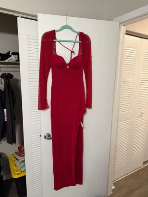 Oh Polly Embellished Side Split Maxi Dress in Red thumbnail 4