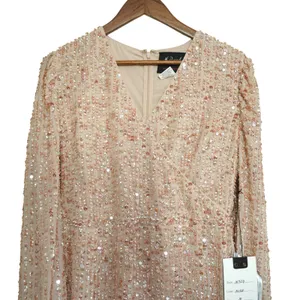 Mac Duggal Pink Nude Sequin V-Neck Long‎ Sleeve Midi Dress Size 10 NWT Formal thumbnail 10