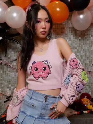 Hot Topic Sweet Society pink monster sweater vest skull bow alternative goth med thumbnail 1
