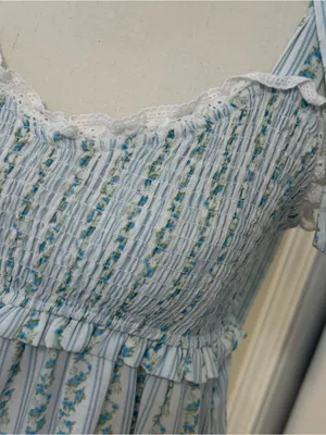 Ivory & Blue Floral Striped Smocked Tie-Shoulder Maxi Dress | Size Large thumbnail 4