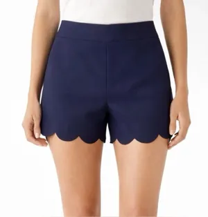 H&M Navy Scalloped High-Waist Shorts Size 6 Side Zip Pockets Like New thumbnail 1