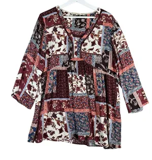 Kate‎ And Sam Womens V Neck Floral Boho Whimsy Tunic Holiday 3/4 Sleeve Top Sz M thumbnail 1