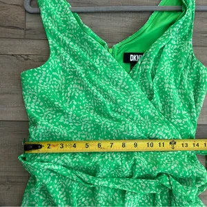 DKNY Lime Green White Chiffon Sleeveless Faux Wrap V Neck Fit & Flare Midi Dress thumbnail 11