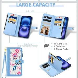 iPhone 16 6.1” Case Wallet Case Floral Wristlet Blue Card Holder Phone FC7 thumbnail 5
