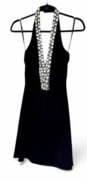 Morgan & Co Y2K Black Embellished Halter Dress with Cinched Gathered Vneck Sz XS thumbnail 1