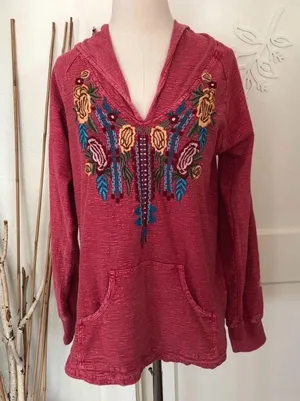 Avani del Amour xl boho hooded cotton embroidered top pink red thumbnail 1