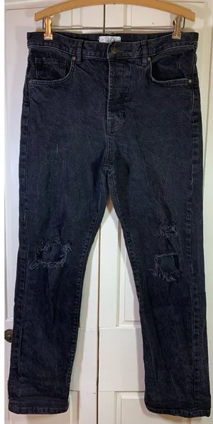 We The Free People‎ Distressed Black Jeans 30 Button Fly Denim Actual 34x29.5 thumbnail 1