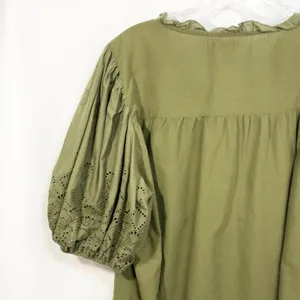 Maurices XXL Top Eyelet Blouse Peasant Top Puff Sleeve‎ Olive Green 907 thumbnail 9