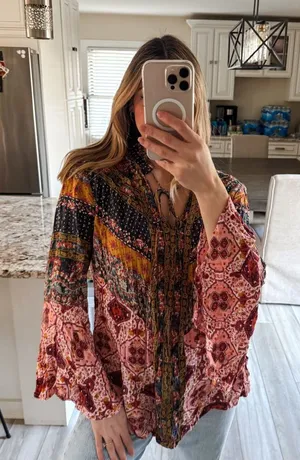 Umgee + XL Boho Patchwork Print Peasant Blouse Top Tie Neck Long Sleeve thumbnail 1