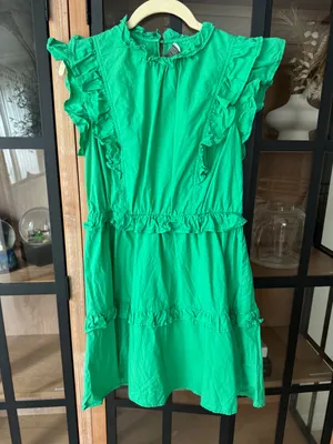 Kelly green masters ruffle mini dress short sleeve tiered high neck collar thumbnail 1