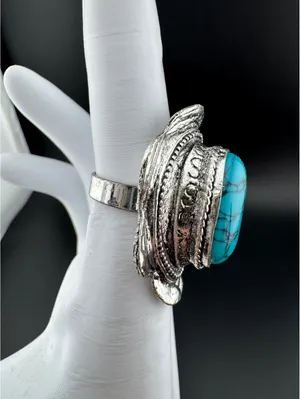 Adjustable Silver Tone Ring with Large Oval Turquoise Stone Blue thumbnail 2