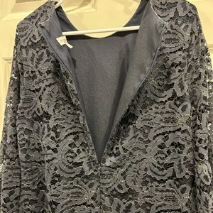 Dress The Population‎ Navy Gold Metallic Lace Bell Sleeve Mini Dress Size L thumbnail 7
