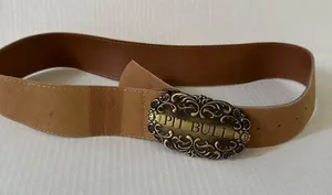 Vintage Pit Bull Leather Belt Antique Brass Buckle Tan Western Cowboy Unisex 40" thumbnail 1