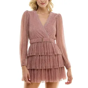 B. Darlin Juniors Metallic V-Neck Belted Dress 914Z740 Pink 7/8 thumbnail 7
