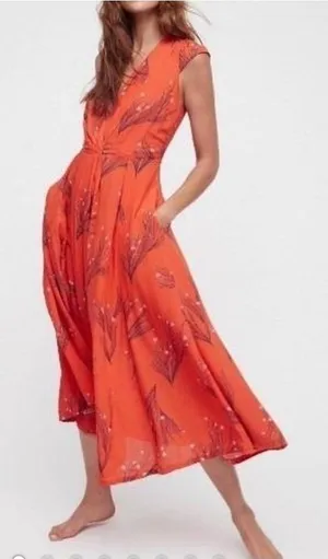 Free People Dress Sz 6 V Neck Orange Red Botanical Long Flutter Cap Sleeve Boho thumbnail 1