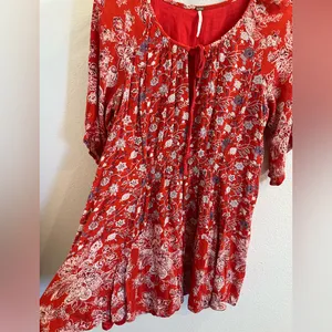 Free People Red Floral Bell Sleeve Mini Dress Medium thumbnail 4