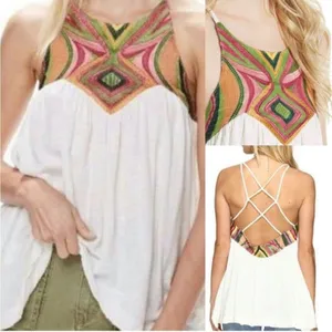 Free People Beach Date White Flowy Strappy Tank Top Multicolor Embroidery thumbnail 2