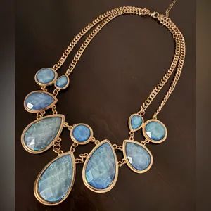 Flashy Blue Opalescent Statement Necklace Double Strand Gold Tone Bauble Collar thumbnail 5