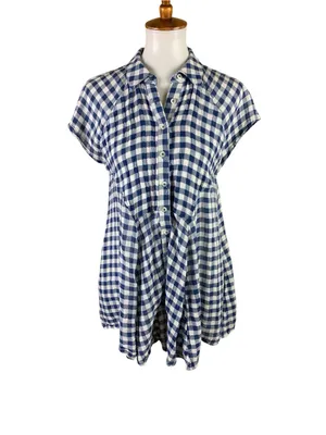 Free People Small Blue White Gingham Plaid Shirt Dress Button Front Boho Casual thumbnail 2
