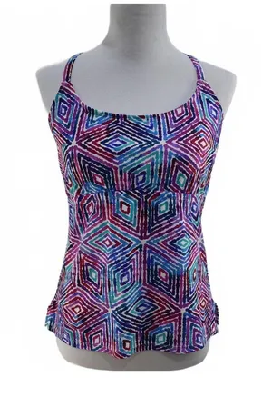 Leilani Geometric Colorful Print Strappy Tankini Top Size 12 thumbnail 1