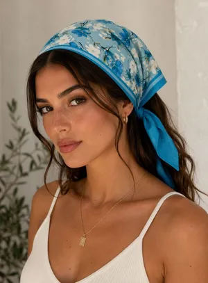 Free People x Namjosh Blue Floral Silky Headscarf Kerchief Hair Wrap Tie‎ NEW thumbnail 1